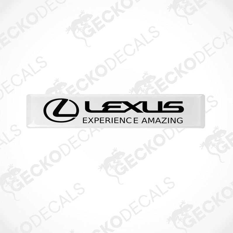 Rectangular white vinyl decals with the Lexus logo and the phrase 'LEXUS EXPERIENCE AMAZING' written in black