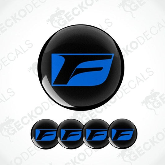 Blue F logo on black circular stickers with 'GECKODECALS' watermark.