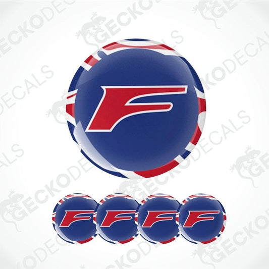 Set of blue round decals with a red 'F' logo on a white background.