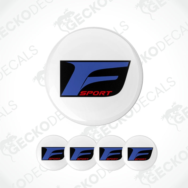 Set of five 'F Sport' car decal stickers on a white background with 'Gecko Decals' branding.