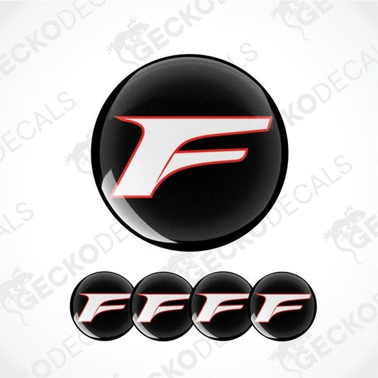 Black round decal with a red and white F logo on a white background