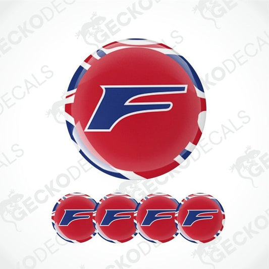 Red and blue F logo decal with a logo on a white background