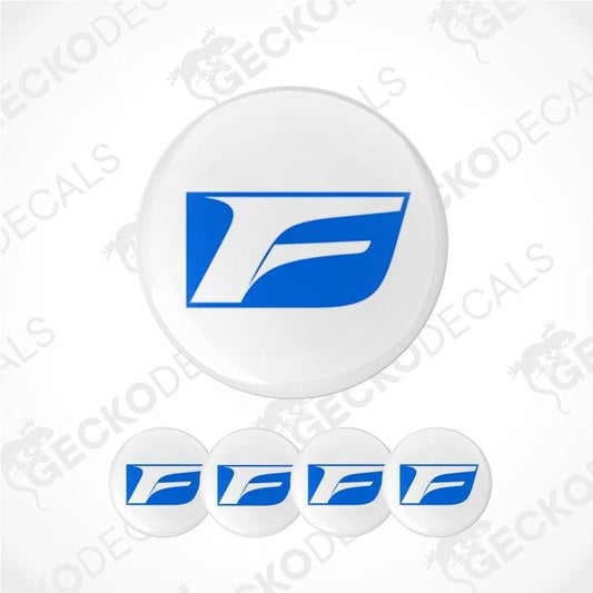 Set of blue and white F logos on round white stickers with 'Gecko Decals' branding.
