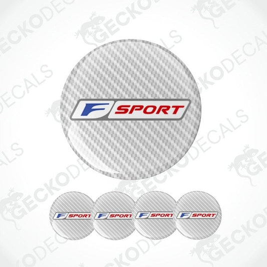 F Sport logo decal on a carbon fiber pattern with additional decals below.