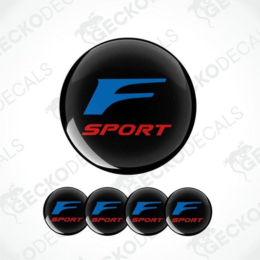 A set of four round car decals with a black background featuring a blue 'F' and the word 'SPORT' in red.