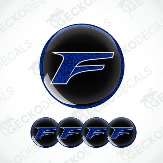 Blue and black logo with 'F' design on a white background