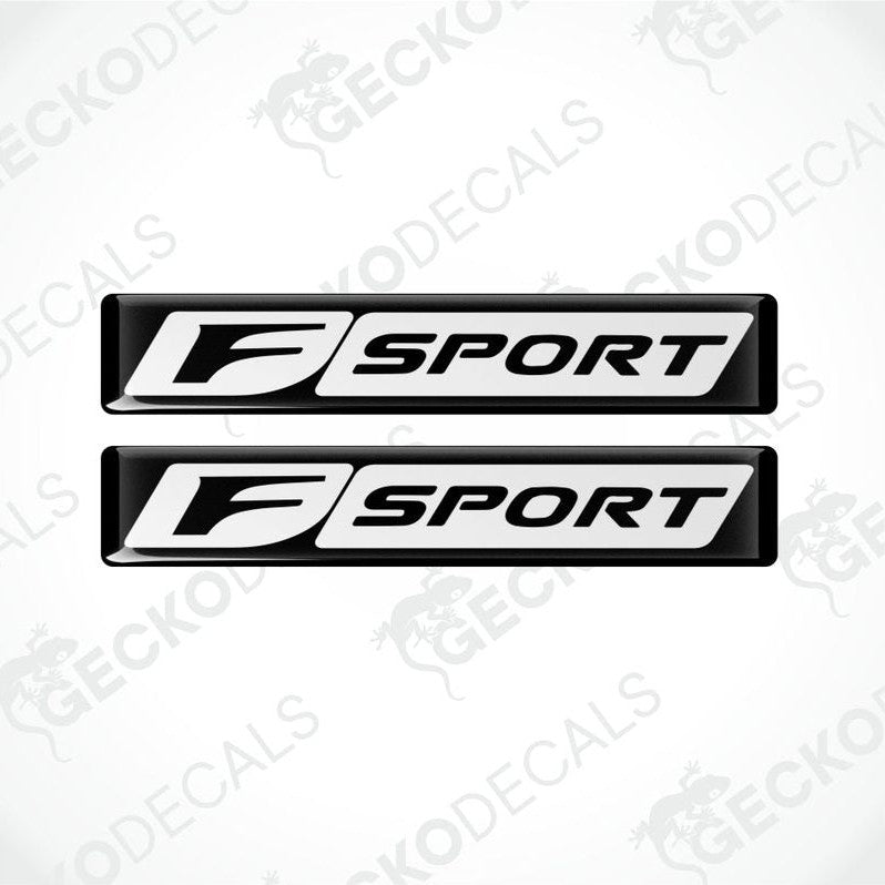 Two 'F Sport' car decal stickers on a white background with 'Gecko Decals' branding.