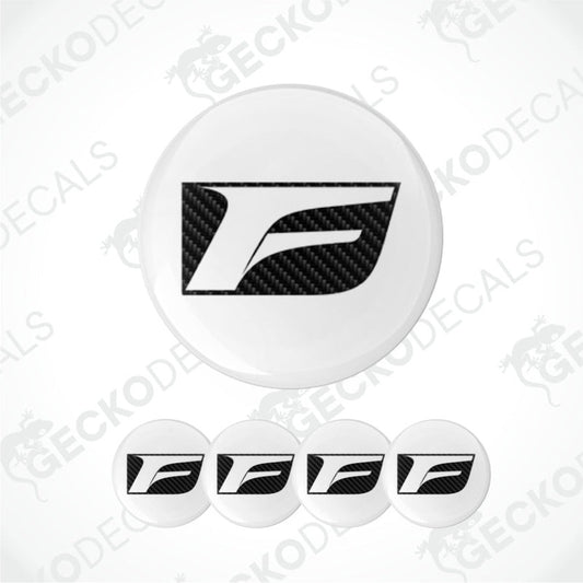 Set of white circular stickers with a black F logo on a white background.