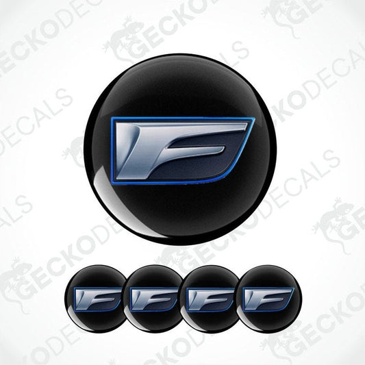 Set of black round decals with a blue and silver logo on a white background.