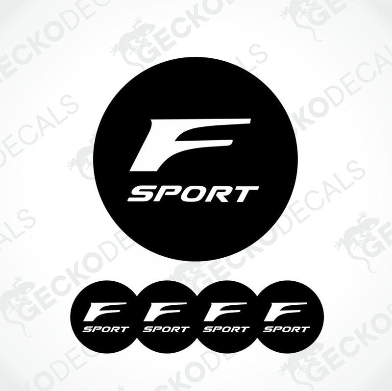 A set of black and white 'F SPORT' branded vinyl decals for vehicles, including four dome-shaped stickers.