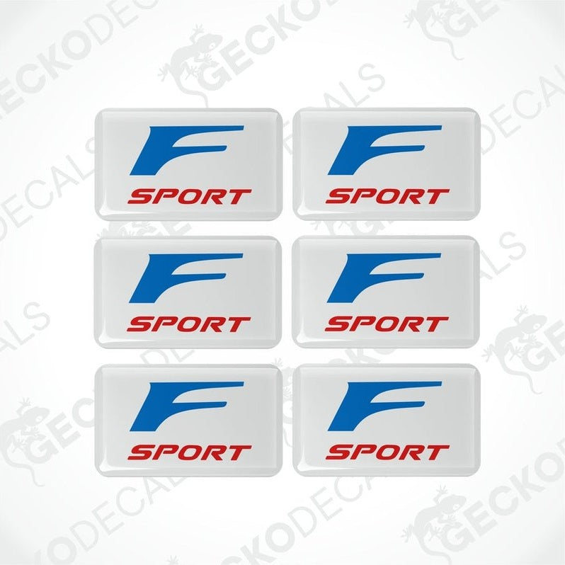 A set of six white , blue, and red vinyl decals with the 'F SPORT' logo.