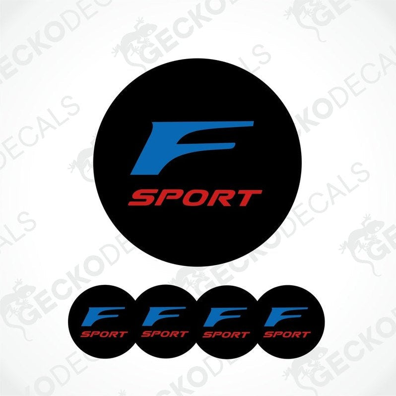 A set of four round car decals with a black background featuring a blue 'F' and the word 'SPORT' in red.