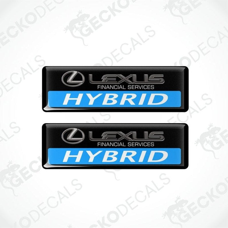 Two Lexus Financial Services Hybrid stickers on a white background with 'Gecko Decals' branding.