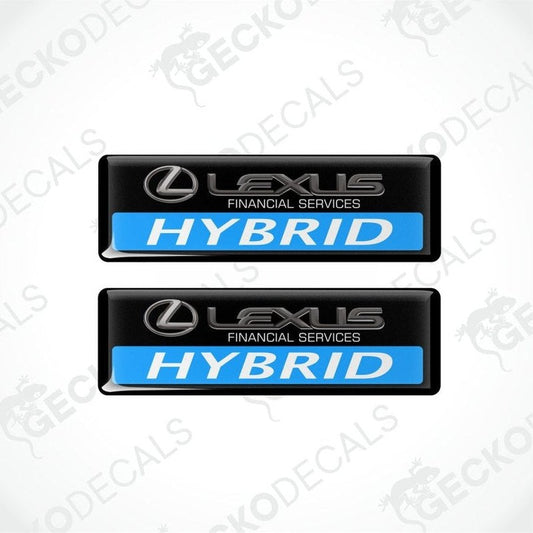 Two Lexus Financial Services Hybrid stickers on a white background with 'Gecko Decals' branding.