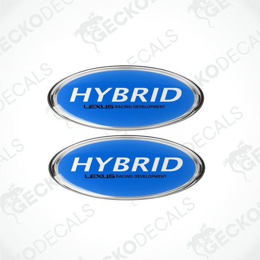 Two blue 'HYBRID LEXUS RACING DEVELOPMENT' decals on a white background with 'GECKODECALS' branding.