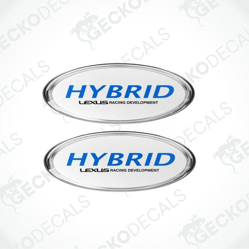 Two 'HYBRID LEXUS RACING DEVELOPMENT' decals on a white background with 'GECKODECALS' branding.