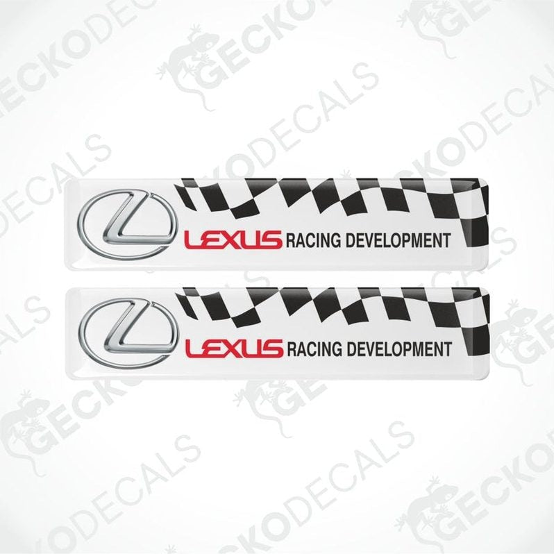 Two Lexus Racing Development decal stickers with checkered pattern on a white background.