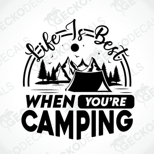 Black die-cut camping decal with mountain tent design and Life Is Best When You're Camping text