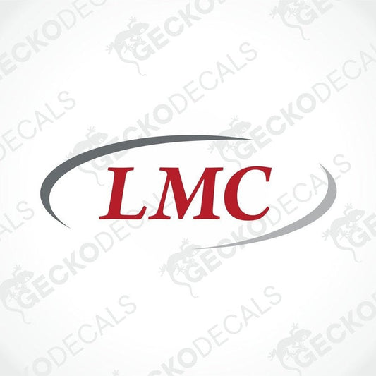 A red, white, and gray die cut decal with the LMC logo.