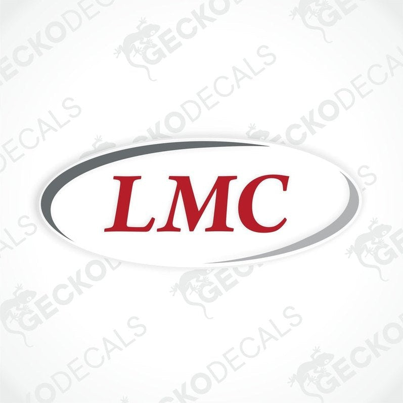 A white vehicle decal with the LMC brand logo in red and gray.