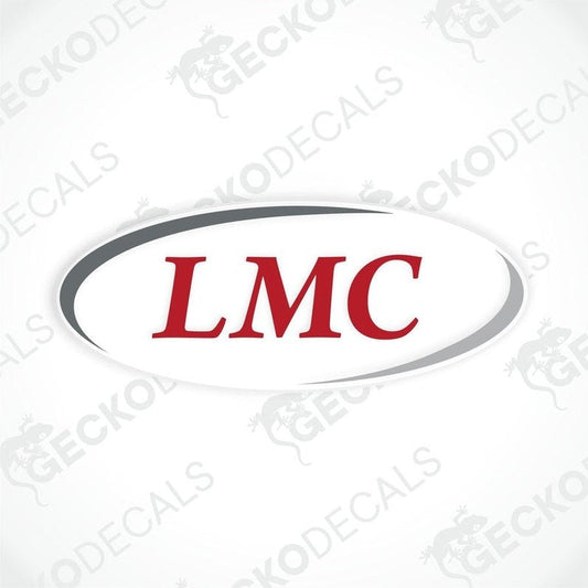 A white vehicle decal with the LMC brand logo in red and gray.