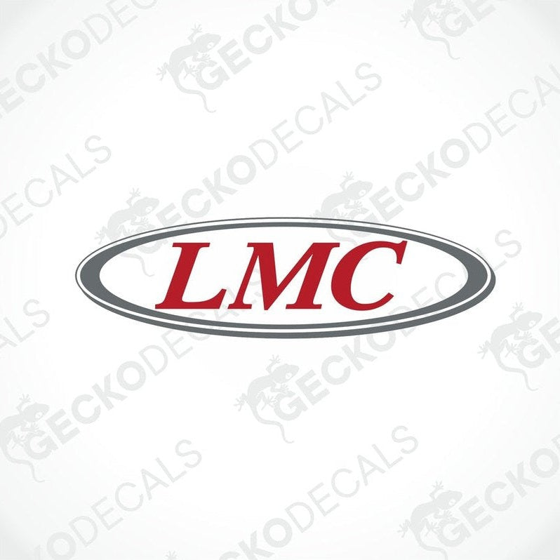 A logo decal for LMC, featuring the letters 'LMC' in a stylized font, surrounded by a bordered parallelogram shape with a gecko logo at the bottom.