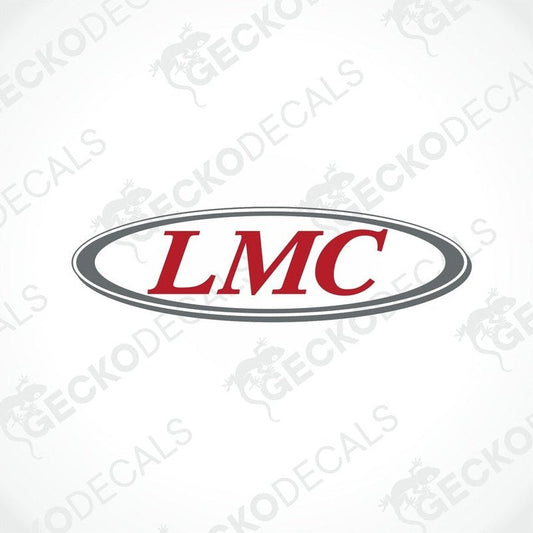 A logo decal for LMC, featuring the letters 'LMC' in a stylized font, surrounded by a bordered parallelogram shape with a gecko logo at the bottom.