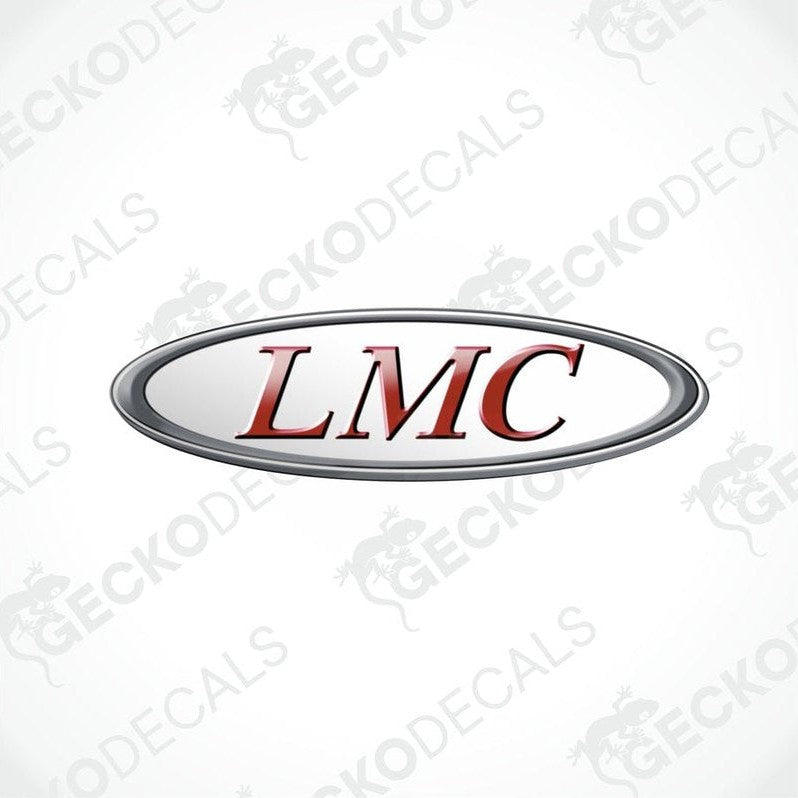 LMC oval decal with metallic silver border and red 3D lettering for caravan interior or exterior