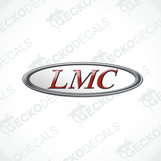 LMC oval decal with metallic silver border and red 3D lettering for caravan interior or exterior