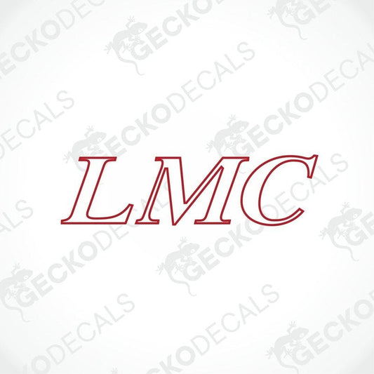 A red and white die cut decal with the LMC initials.