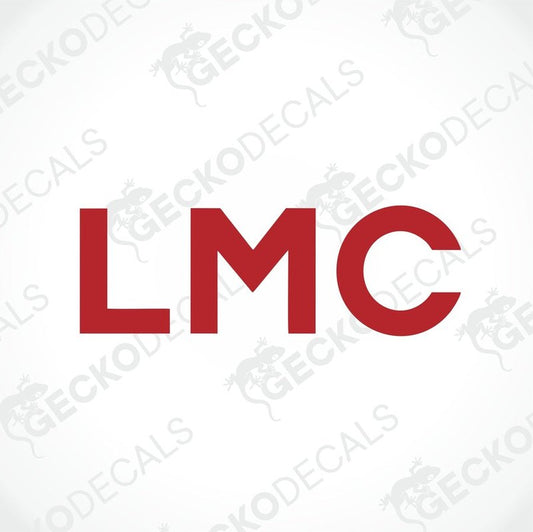 A red and white die cut decal with the letters 'LMC' in bold.