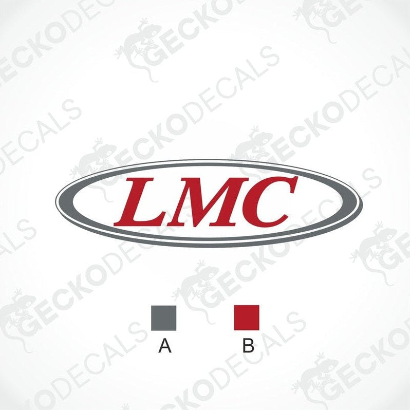 LMC die-cut caravan decal in red and dark gray with oval border