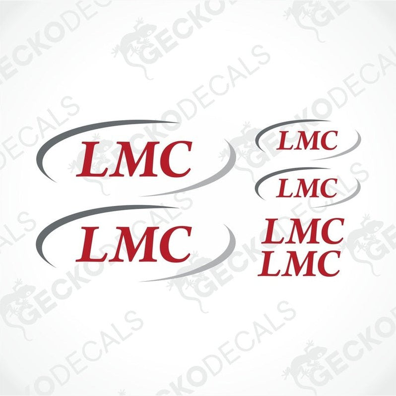 A set of four red and white vehicle decals with the LMC logo, provided by Gecko Decals.