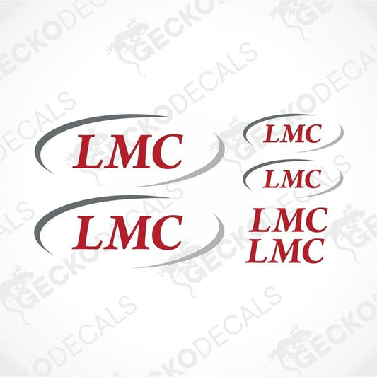 A set of four red and white vehicle decals with the LMC logo, provided by Gecko Decals.
