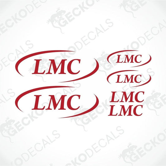 A set of red and white vehicle decals with the LMC logo, provided by Gecko Decals.