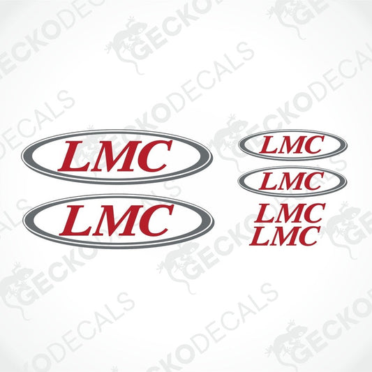 A set of four red and white vehicle decals with the LMC logo, provided by Gecko Decals.