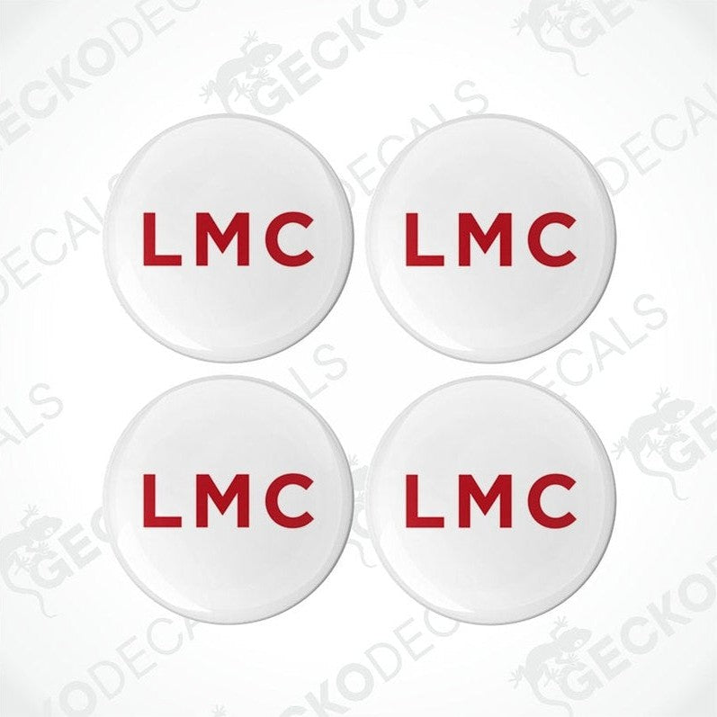 A set of four white vinyl stickers with red and grey LMC branding, placed on a white background.