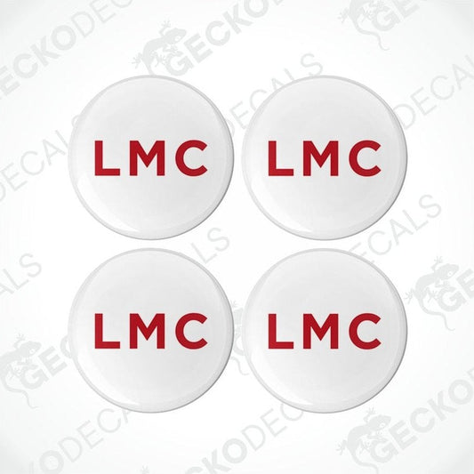 A set of four white vinyl stickers with red and grey LMC branding, placed on a white background.