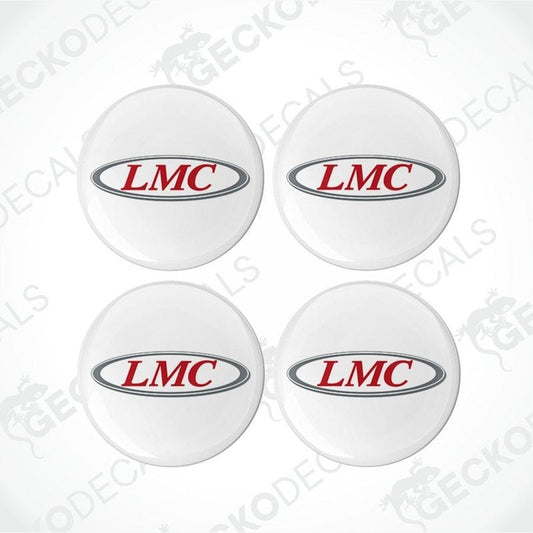 A set of four white vinyl stickers with red and silver LMC branding, placed against a white background.