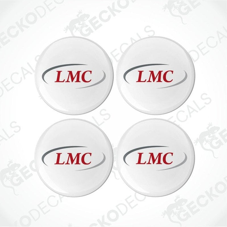 A set of four white vinyl stickers with red and grey LMC branding, placed on a white background.