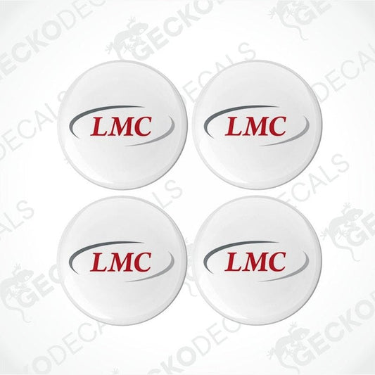 A set of four white vinyl stickers with red and grey LMC branding, placed on a white background.
