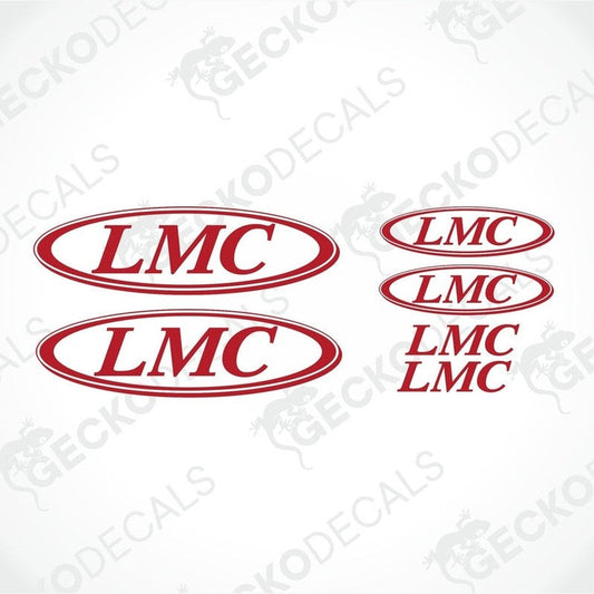 Red LMC Caravan logo die-cut decal set with oval and text designs for interior exterior use
