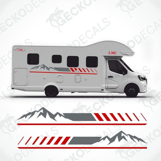 A white LMC brand caravan with red and black decals, including mountain graphics and LMC logos, displayed on a white background.