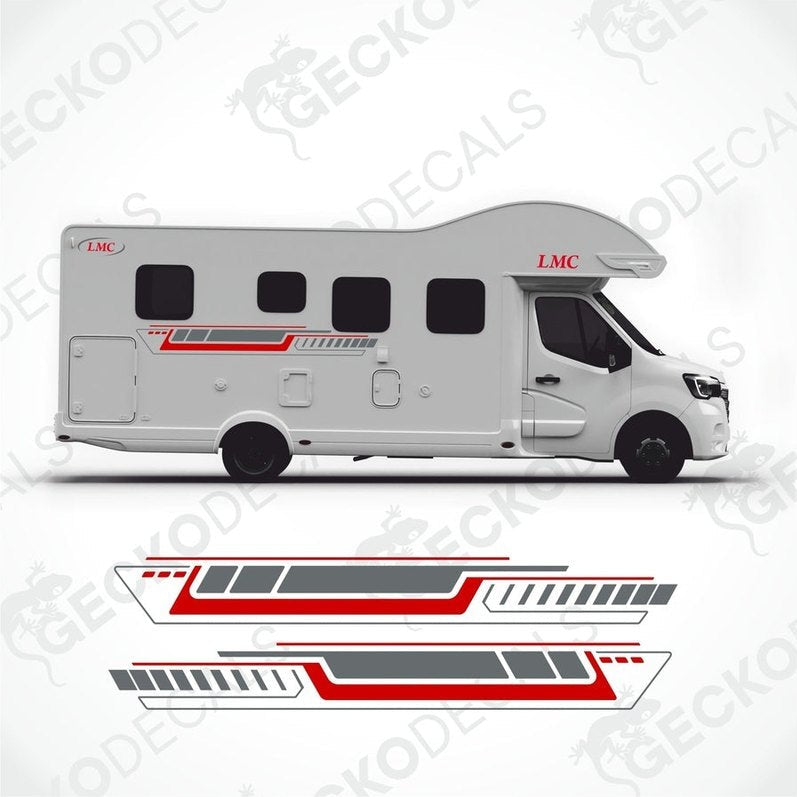 A white LMC brand caravan decalation set with red and gray accents. Includes two side decals and multiple LMC logo text decals.