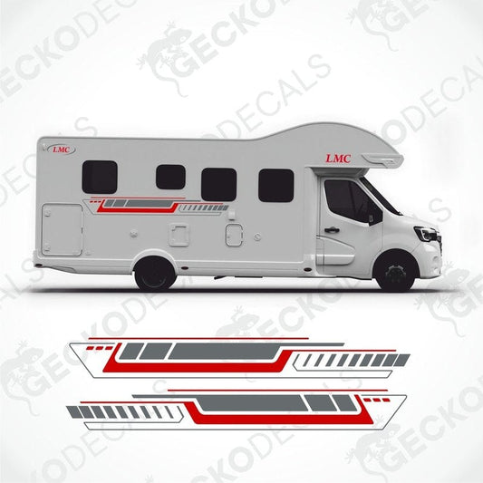A white LMC brand caravan decalation set with red and gray accents. Includes two side decals and multiple LMC logo text decals.