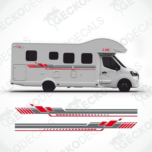 A white LMC brand caravan with red and gray decals, displayed from different angles with a Gecko Decals logo on the bottom right.