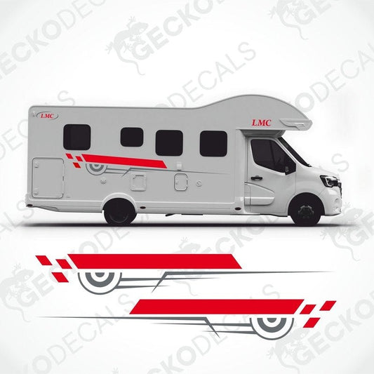 White caravan with LMC branding and red and black decals.
