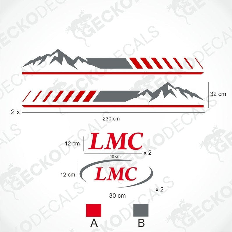 A white LMC brand caravan with red and black decals, including mountain graphics and LMC logos, displayed on a white background.