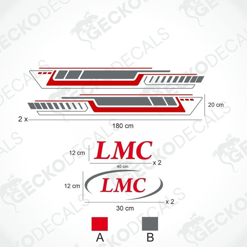 A white LMC brand caravan decalation set with red and gray accents. Includes two side decals and multiple LMC logo text decals.