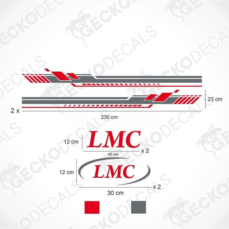 A white LMC brand caravan with red and gray decals, displayed from different angles with a Gecko Decals logo on the bottom right.